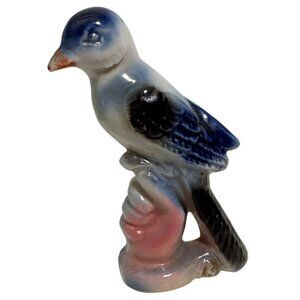 Vtg Ceramic Bird Figurine Blue White Standing on Closed Hand Base Japan Unique